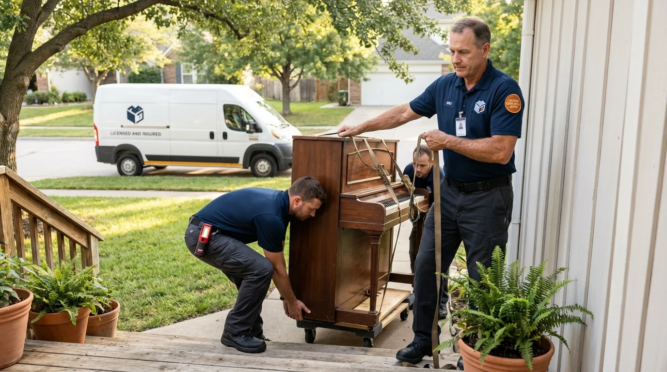 Licensed piano movers securing grand piano in Shelton, CT