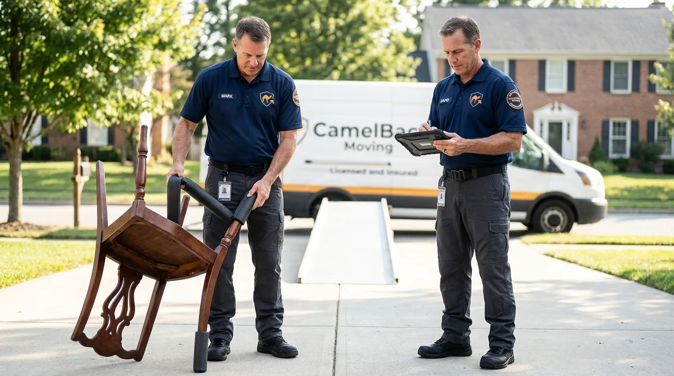 Movers inspecting furniture for damage prevention before loading in Shelton, CT