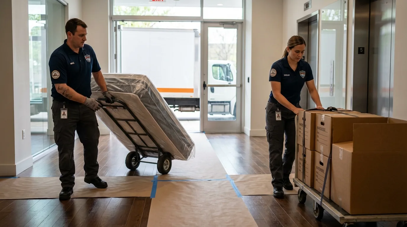 Professional apartment movers loading elevator in Shelton, CT