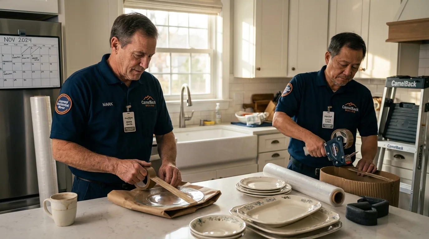 Professional crew packing kitchen dishware in Shelton, CT